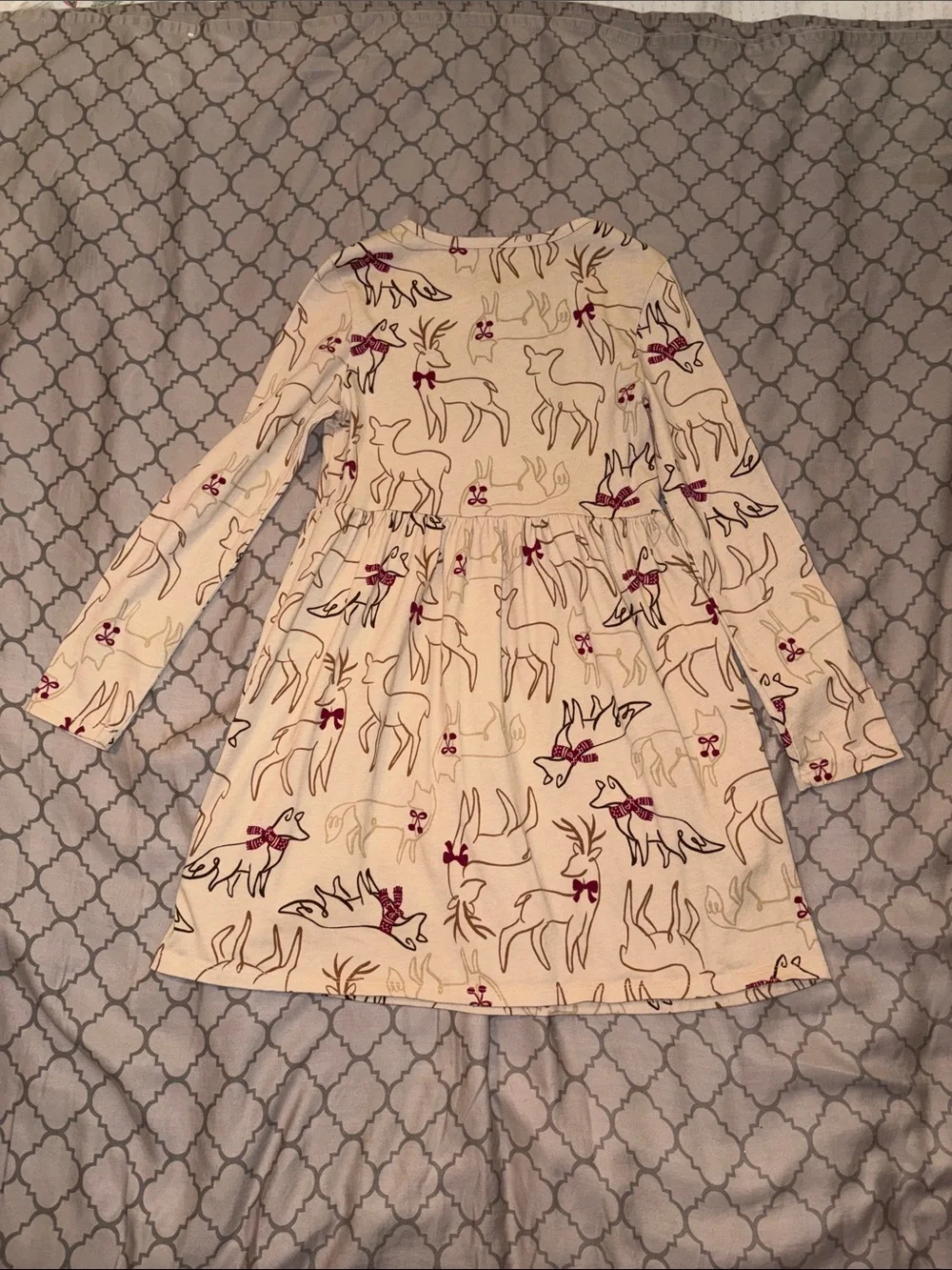 wonder nation Cream Long-Sleeve Reindeer Print Dress with Burgundy Accents